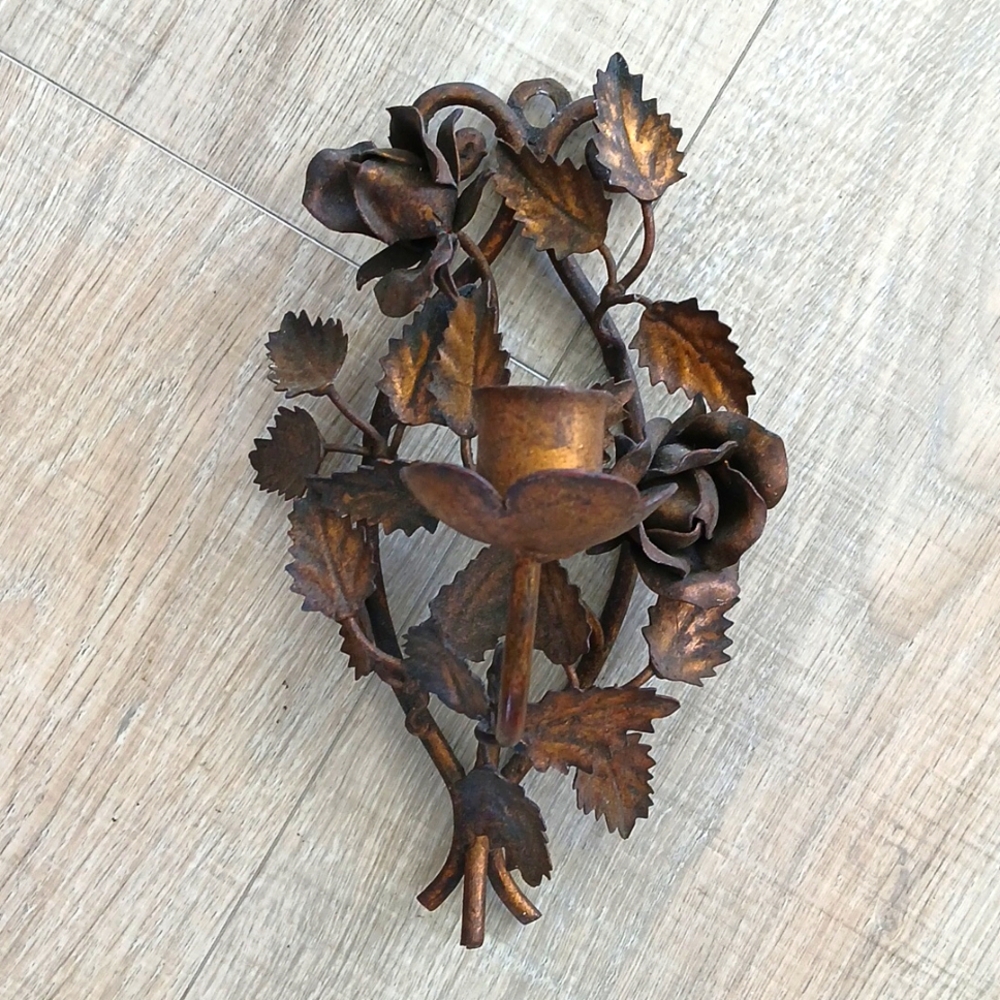 vintage gold leaf Italian florentine tole roses candle sconce